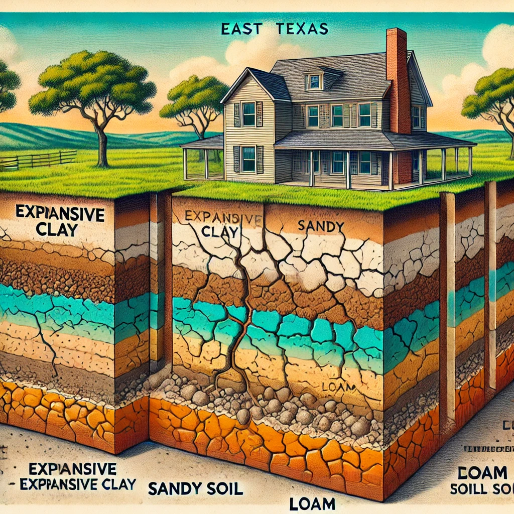 Illustrated cross-section of East Texas soil types, including expansive clay, sandy soil, and loam, showing their impact on house foundations with cracks, shifting, and drainage effects.