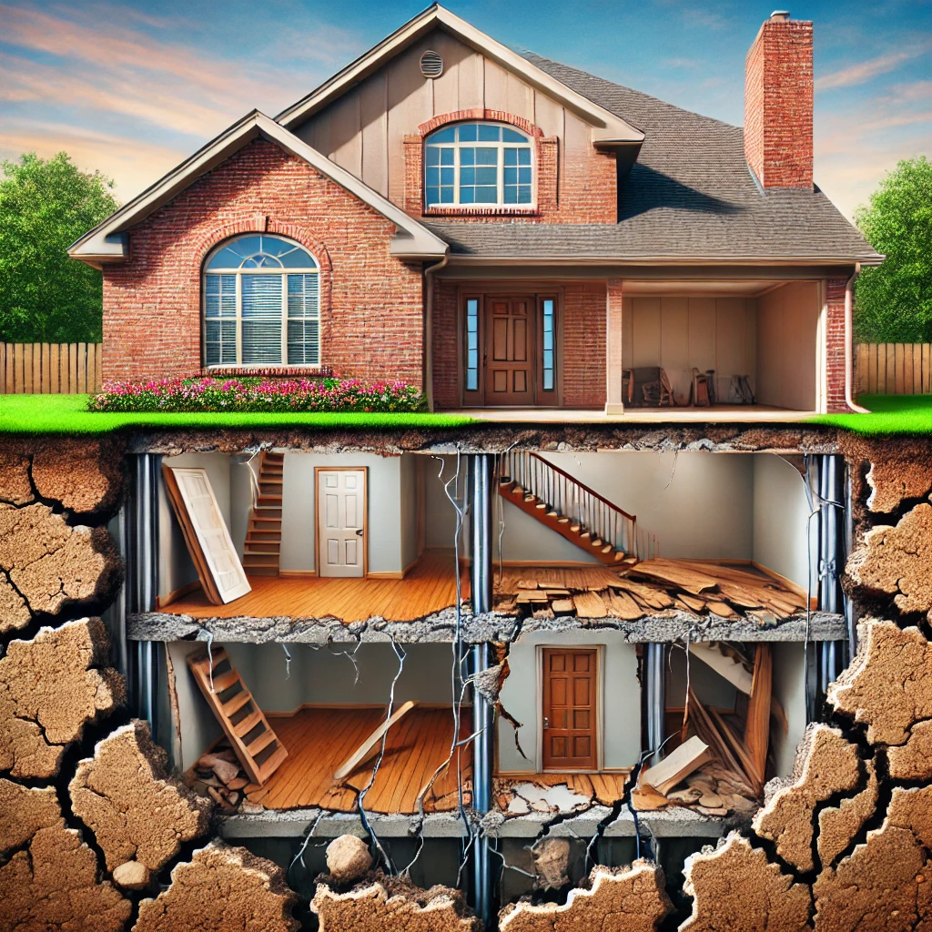 Illustration of a cracked foundation in a suburban East Texas home, showing stair-step cracks in brick, sticking doors, uneven floors, and pooling water near the foundation.