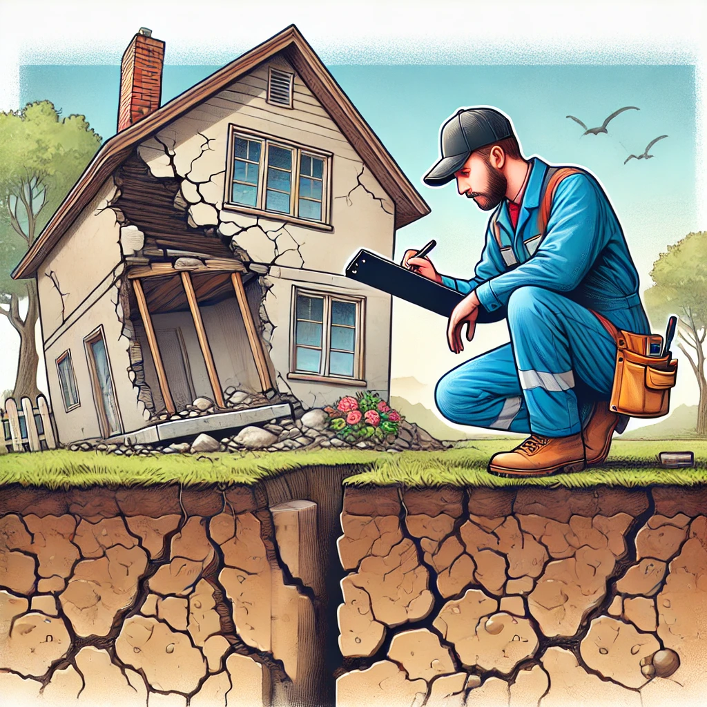 Illustration of a foundation inspection in East Texas, featuring a professional inspector examining a house foundation with visible cracks and shifting soil.