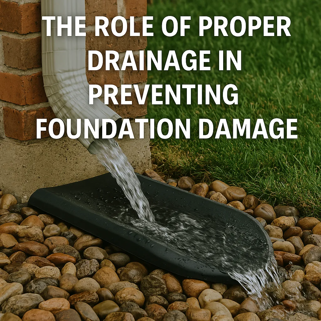 A white downspout attached to a brick home drains rainwater into a black splash block over decorative river rock, demonstrating proper water runoff management for foundation protection.